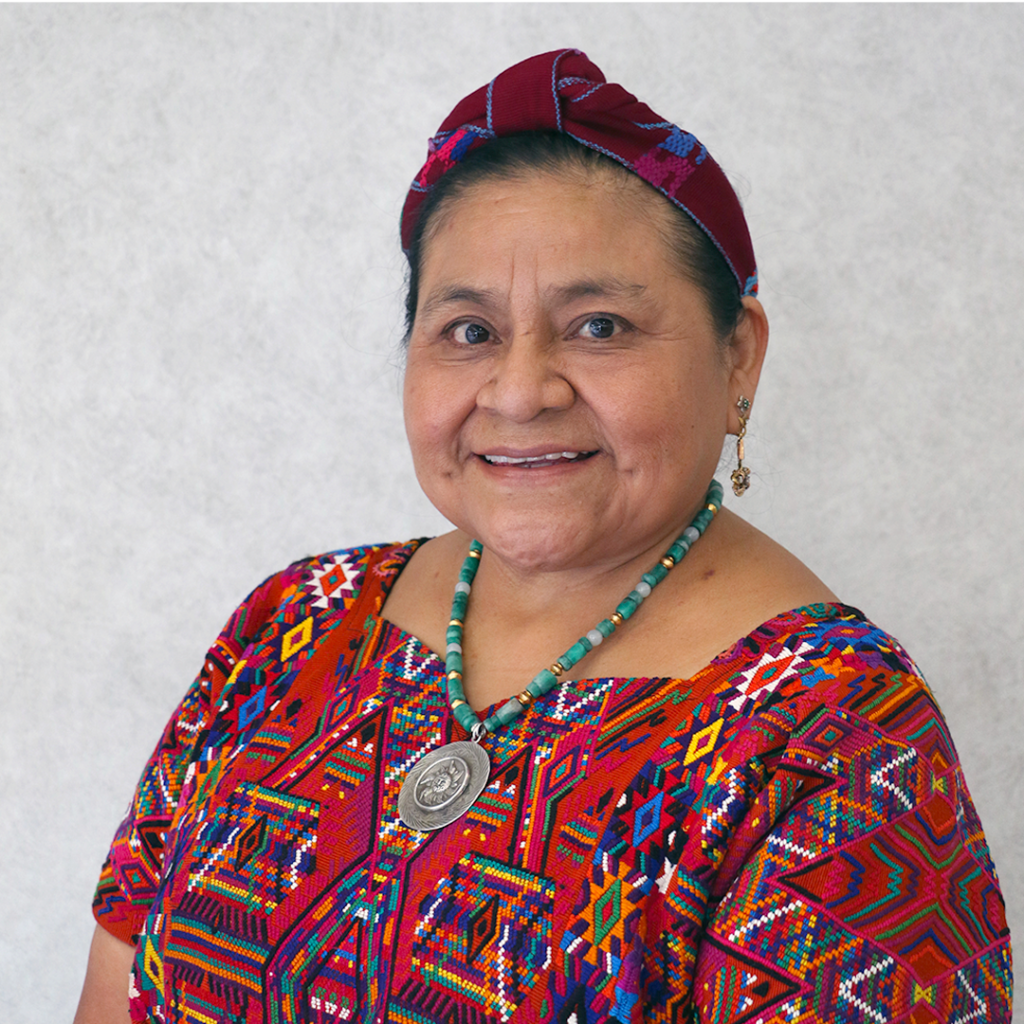 Dr. Rigoberta Menchu Tum, wearing traditional Mayan dress and jewelry.